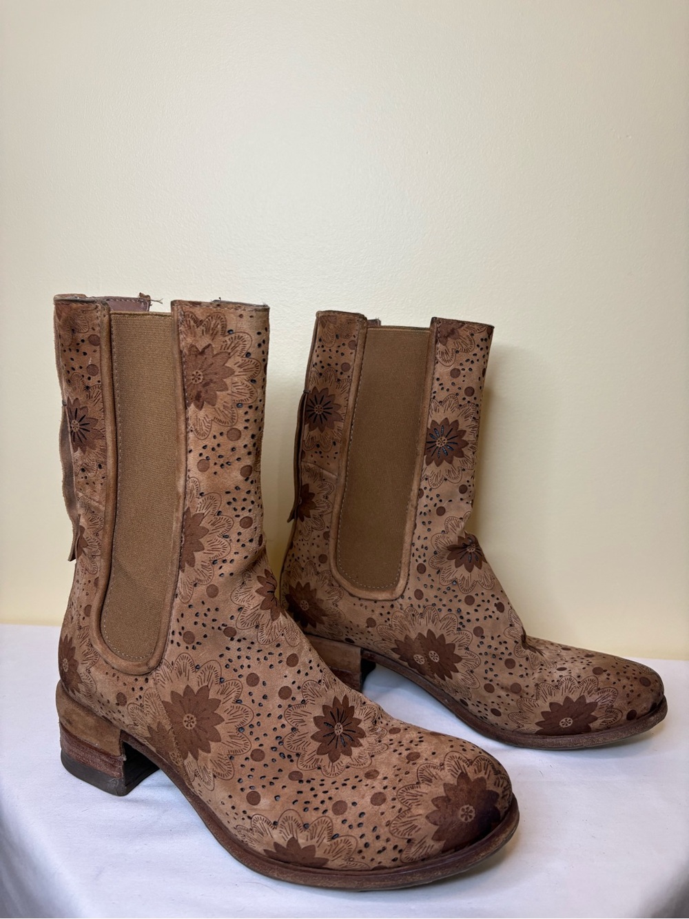 A.S.98 Brown Floral Embossed Western Chelsea Boots Size 38